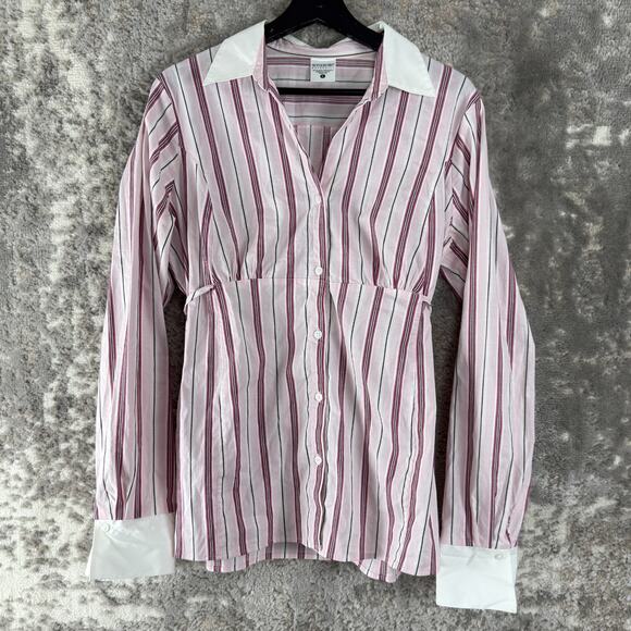 Motherhood Maternity Sz L Stretch Striped Tie Casual Button Top Pink Long Sleeve - Picture 1 of 10